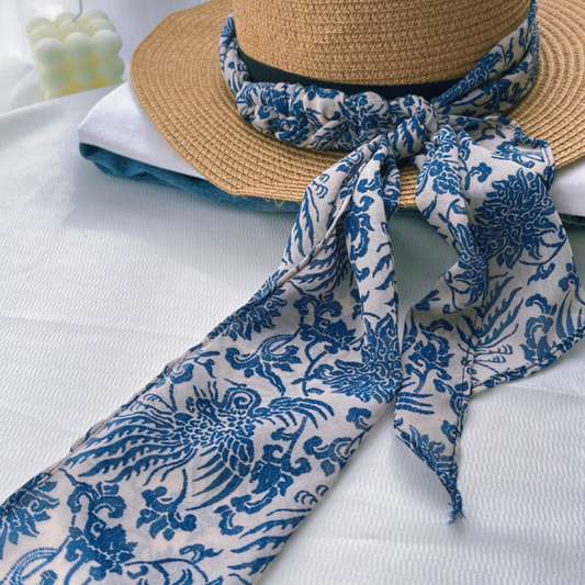Vintage Blue and White Porcelain Print Long Silk Scarf - Thin Lightweight Luxury Hair & Neck Ribbon