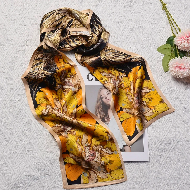 Silk Long Scarf Yellow Flower Print Scarf