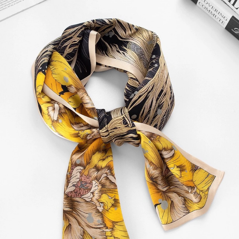 Silk Long Scarf Yellow Flower Print Scarf