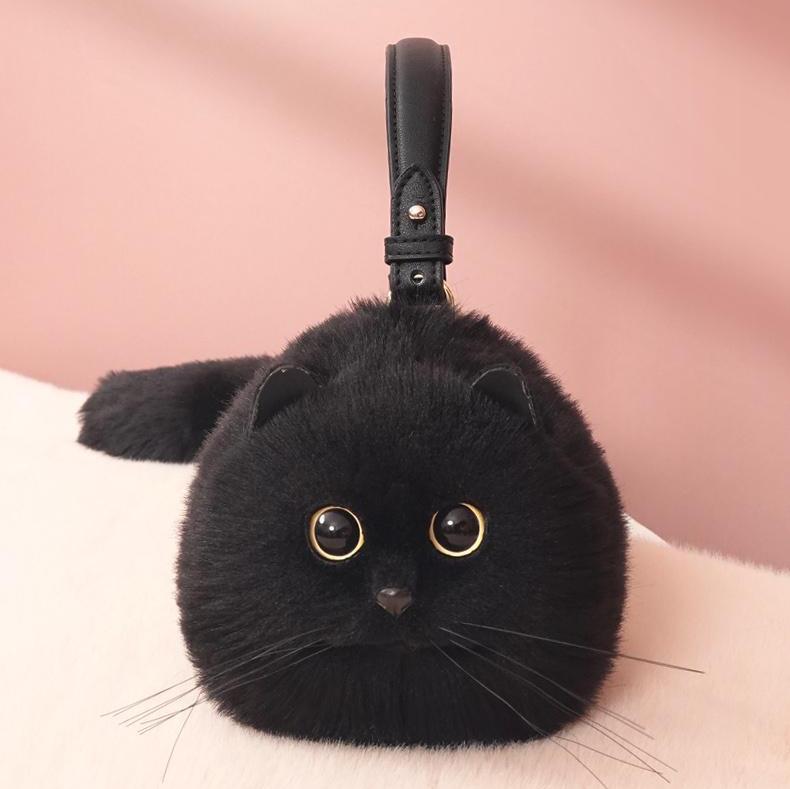 Realistic Puffy Plush Cat Shaped Crossbody Purse Handbag