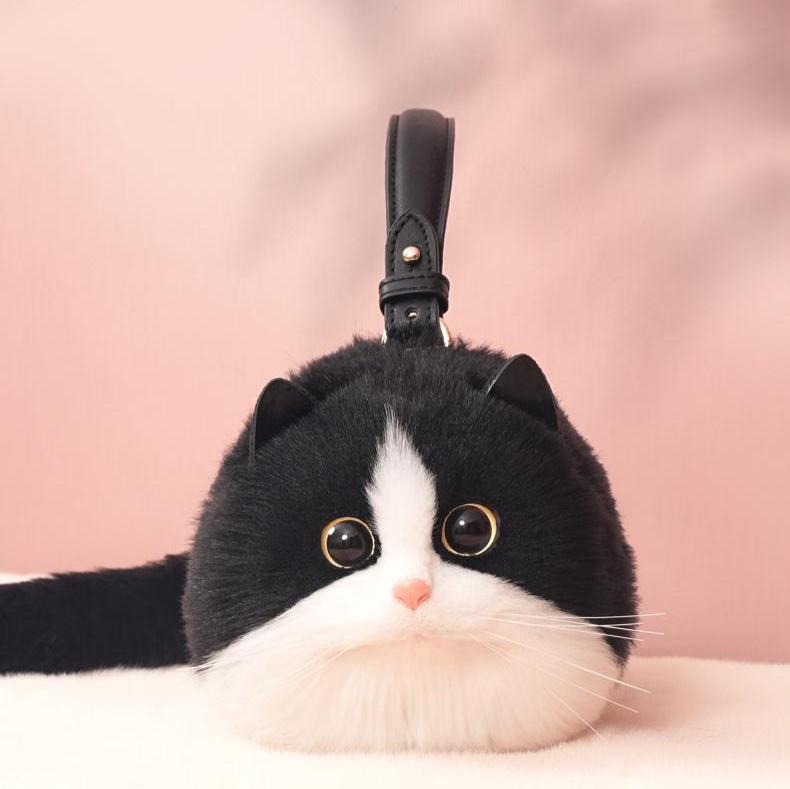 Realistic Puffy Plush Cat Shaped Crossbody Purse Handbag