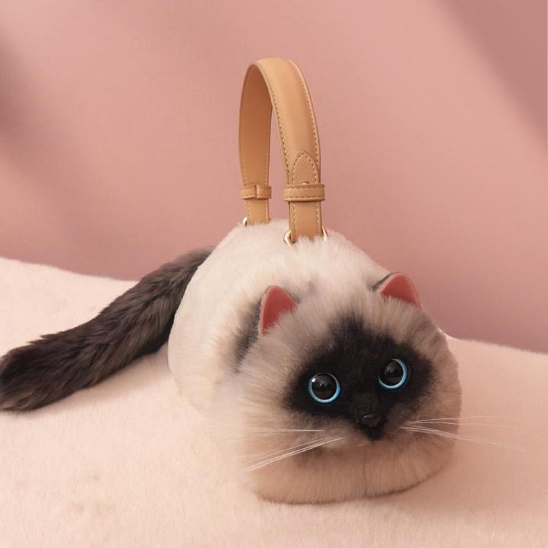 Realistic Puffy Plush Cat Shaped Crossbody Purse Handbag