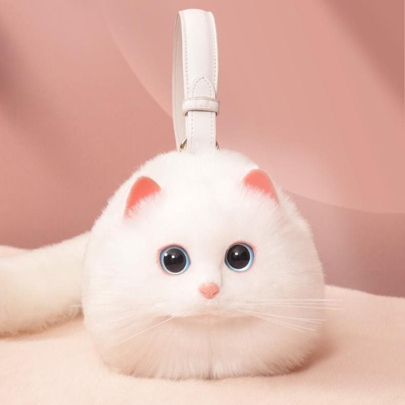 Realistic Puffy Plush Cat Shaped Crossbody Purse Handbag