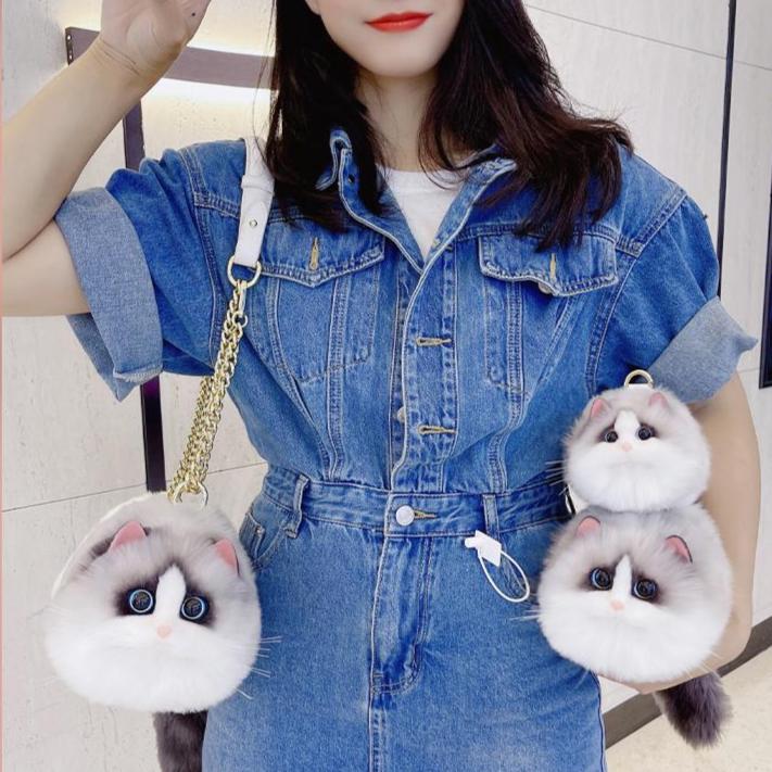 Realistic Puffy Plush Cat Shaped Crossbody Purse Handbag