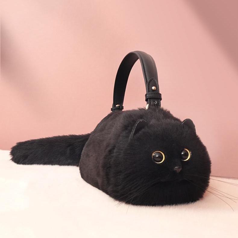 Realistic Puffy Plush Cat Shaped Crossbody Purse Handbag