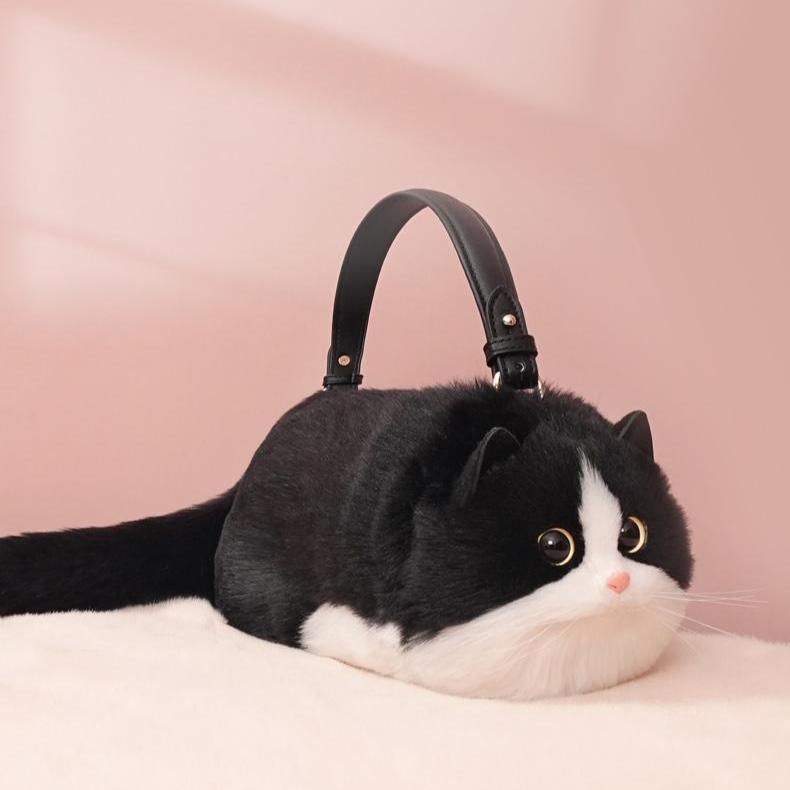 Realistic Puffy Plush Cat Shaped Crossbody Purse Handbag