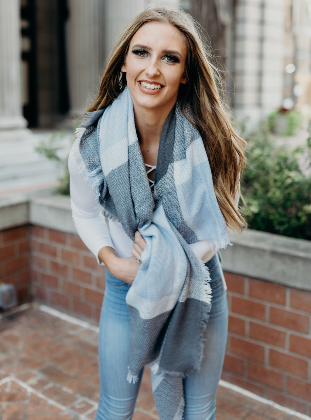 blue plaid shawl