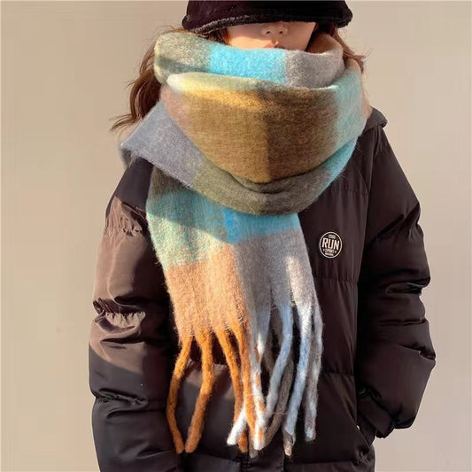 Bufanda acogedora con borlas a cuadros gruesos para mujer, conjuntos de moda de otoño e invierno