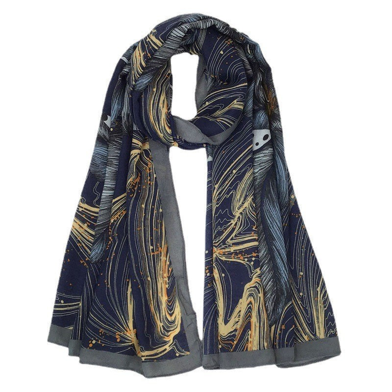 Navy Blue Floral Scarf with Golden Accents