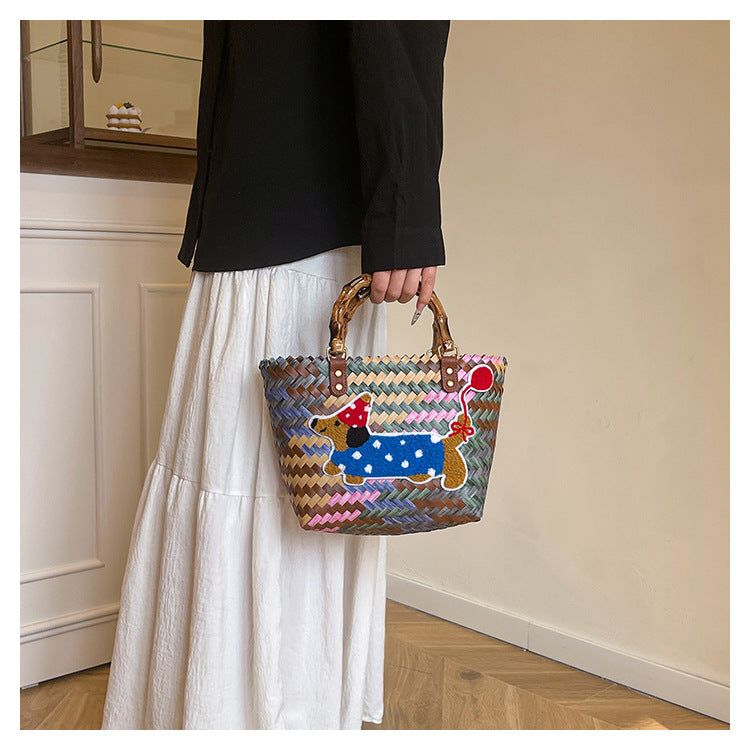 Striped Retro Woven Basket Rattan Handbag Tote Bag