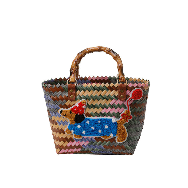 Striped Retro Woven Basket Rattan Handbag Tote Bag