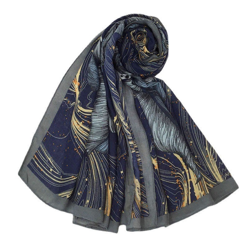 Navy Blue Floral Scarf with Golden Accents