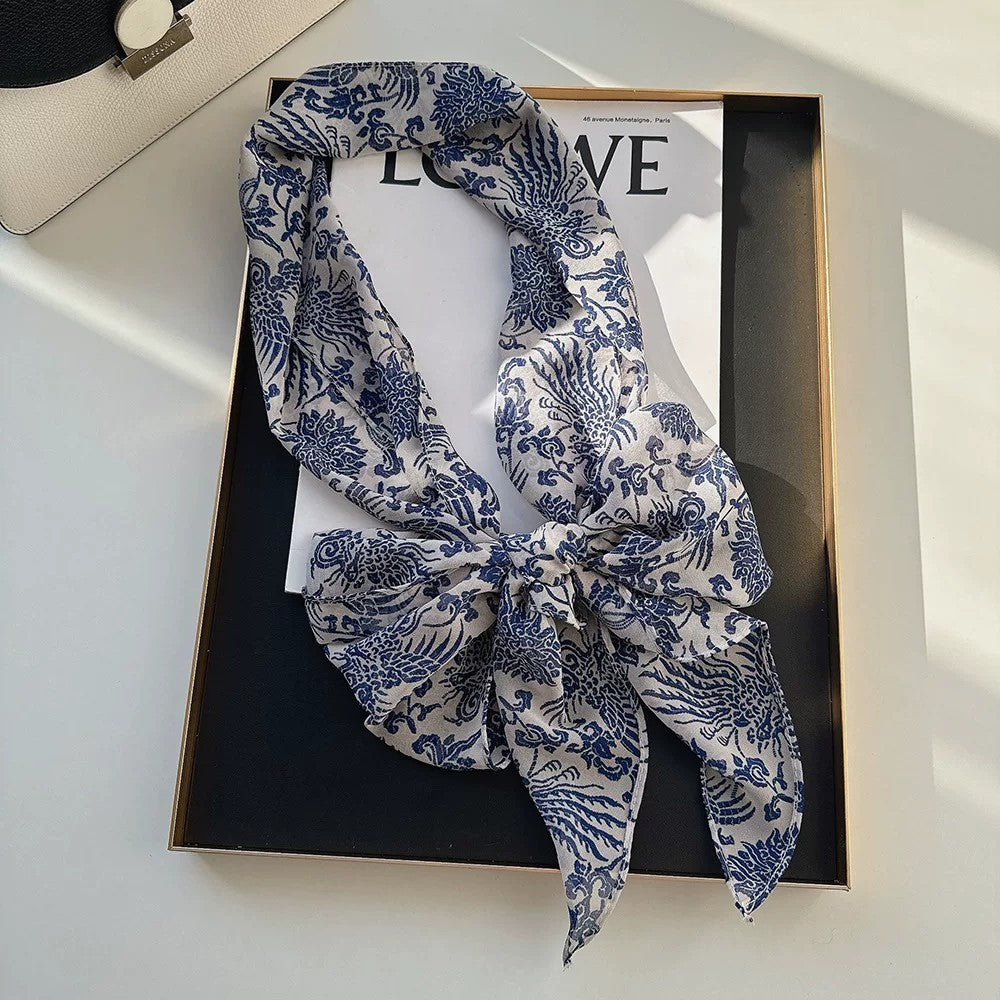 Vintage Blue and White Porcelain Print Long Silk Scarf - Thin Lightweight Luxury Hair & Neck Ribbon