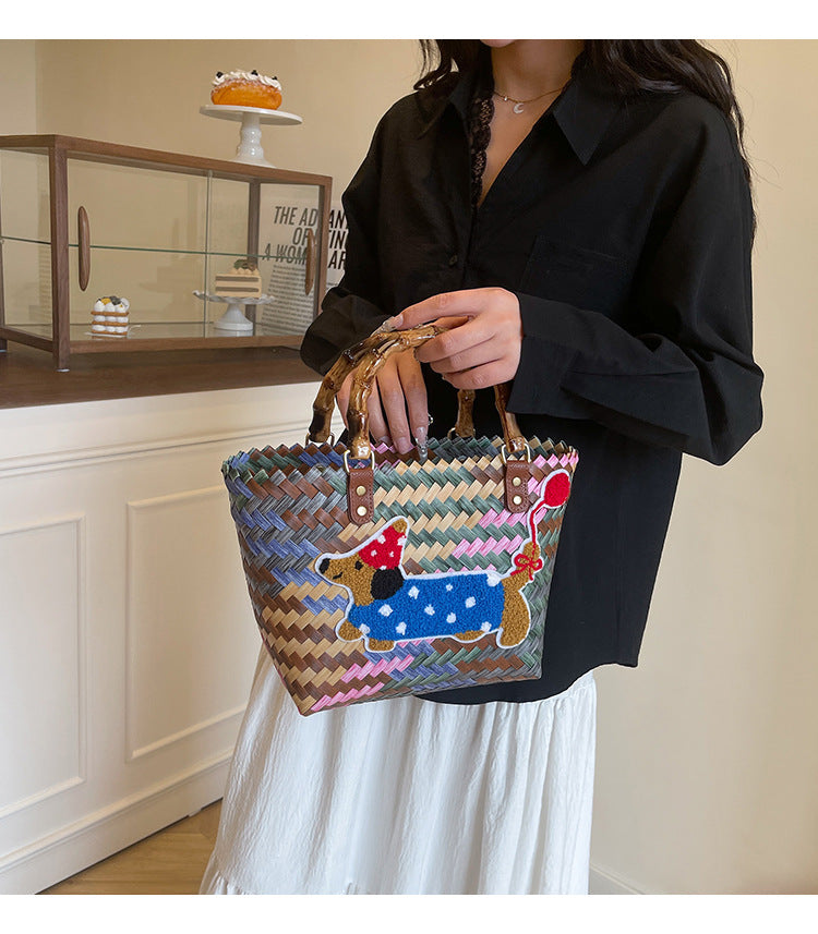 Striped Retro Woven Basket Rattan Handbag Tote Bag