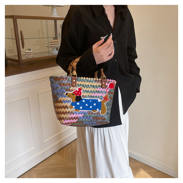 Striped Retro Woven Basket Rattan Handbag Tote Bag
