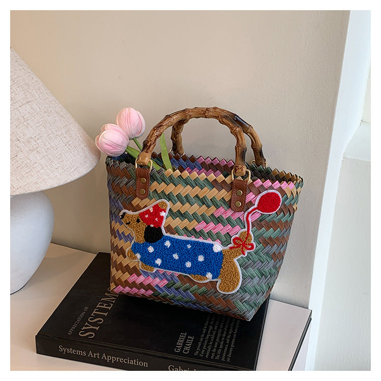 Striped Retro Woven Basket Rattan Handbag Tote Bag