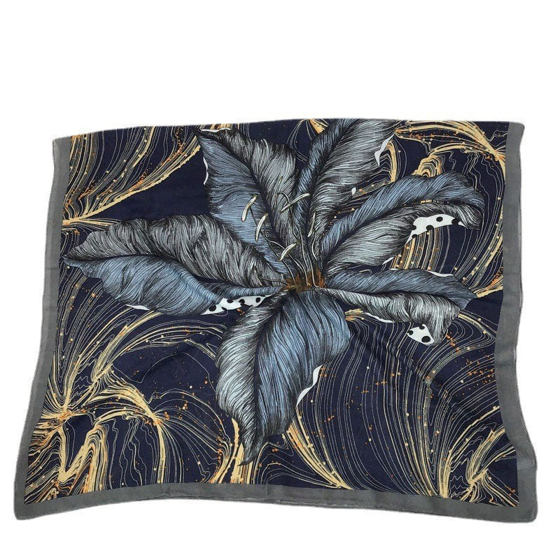 Navy Blue Floral Scarf with Golden Accents