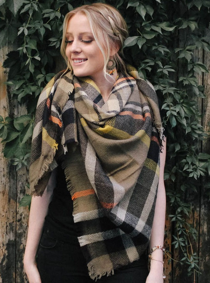 Olive Green Plaid Blanket Scarf