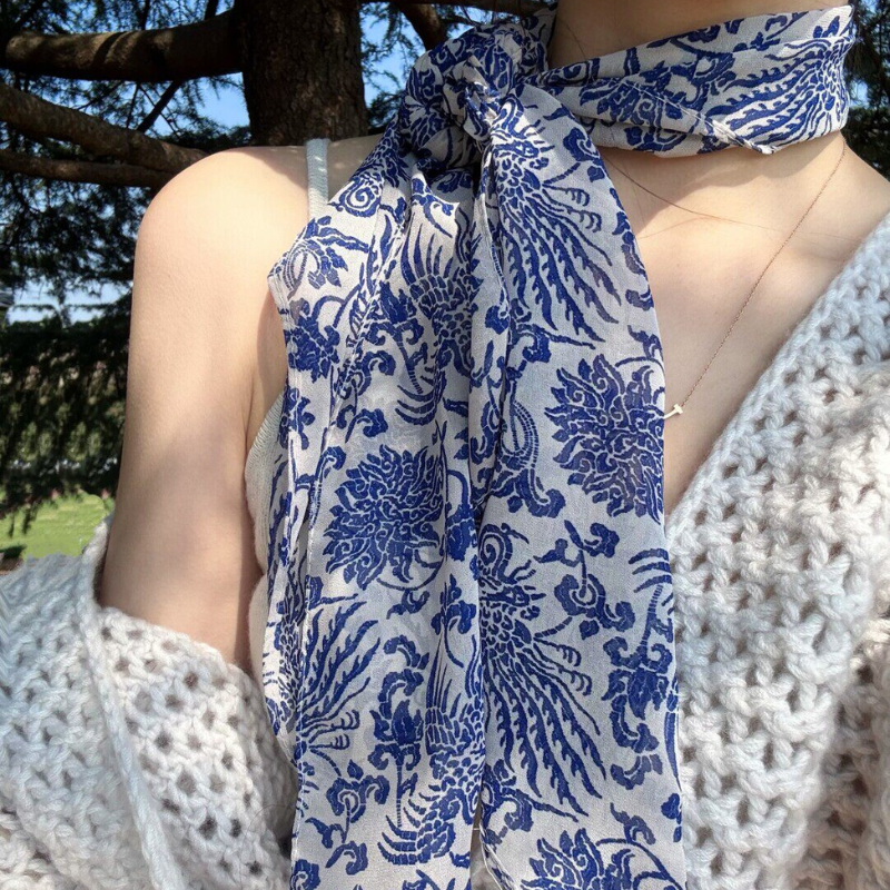 Vintage Blue and White Porcelain Print Long Silk Scarf - Thin Lightweight Luxury Hair & Neck Ribbon