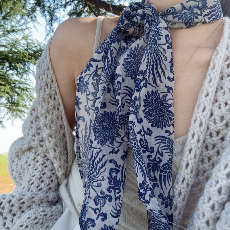 Vintage Blue and White Porcelain Print Long Silk Scarf - Thin Lightweight Luxury Hair & Neck Ribbon