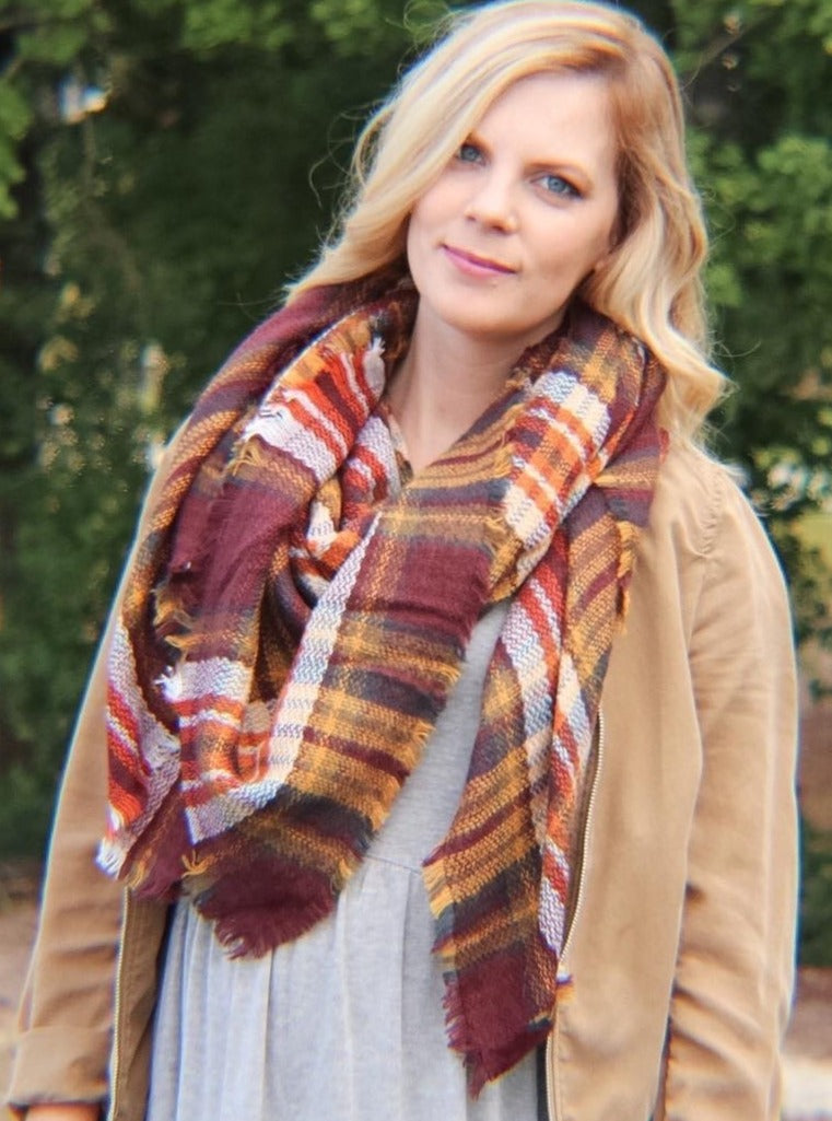 Winter Dreams Plaid Blanket Scarf In Brick