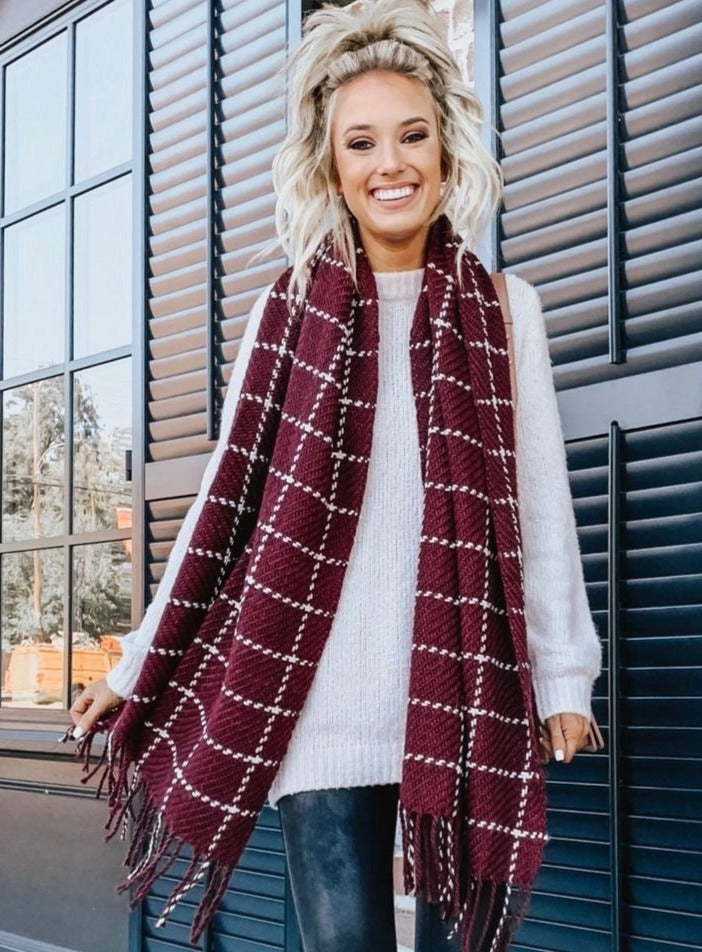 Chunky Knit Grid Scarves Burgundy Ilymix Accessories