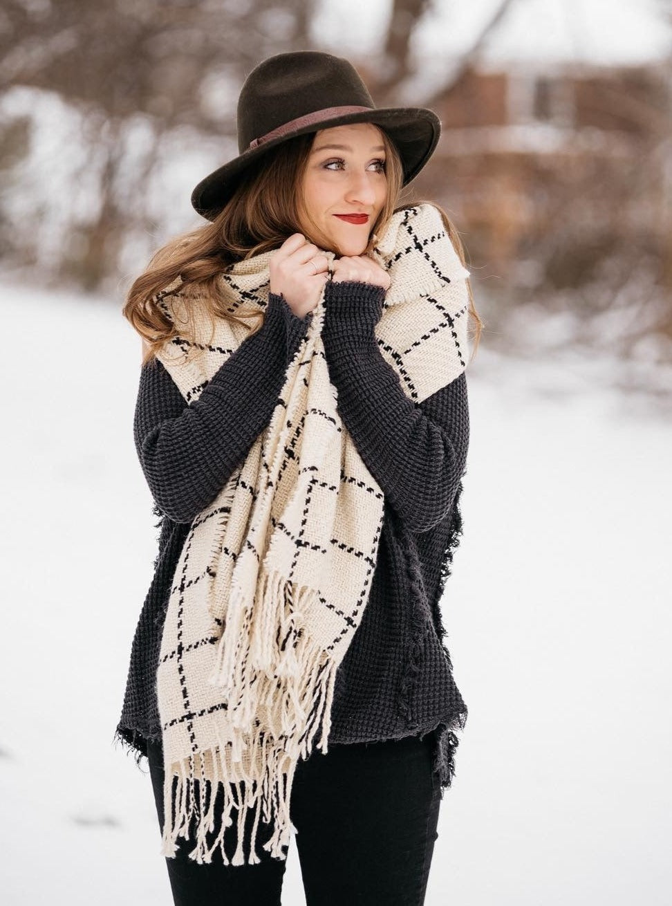 Chunky Knit Grid Scarves Beige