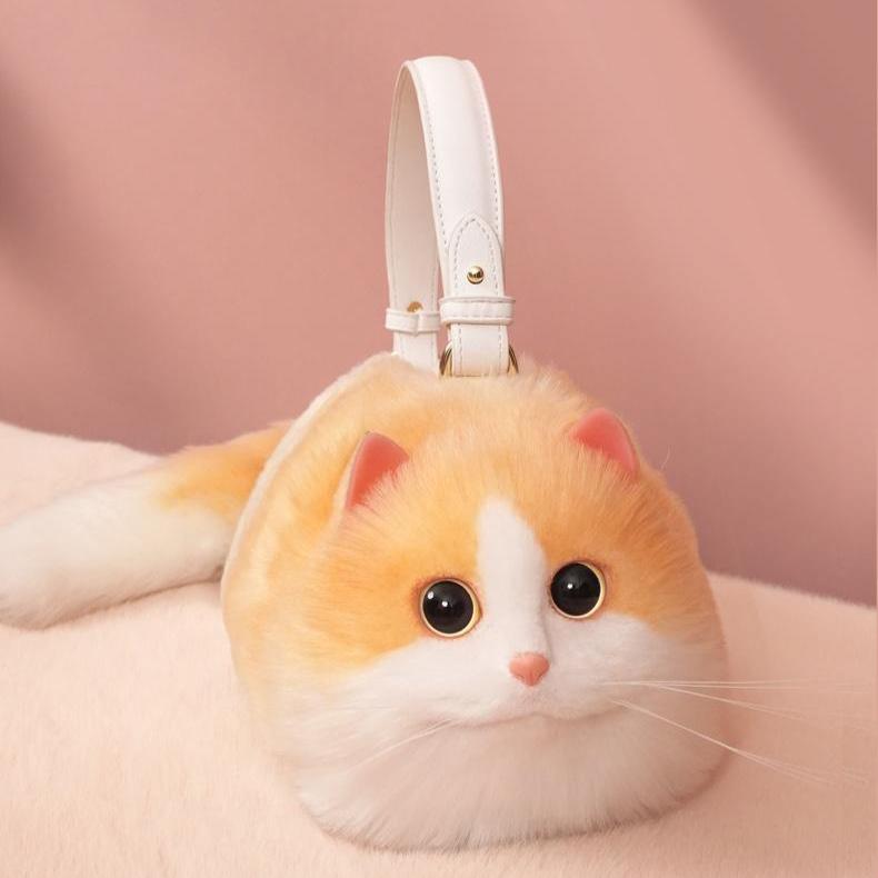 Realistic Puffy Plush Cat Shaped Crossbody Purse Handbag
