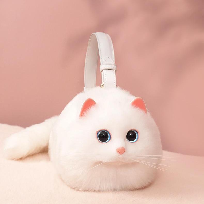 Realistic Puffy Plush Cat Shaped Crossbody Purse Handbag