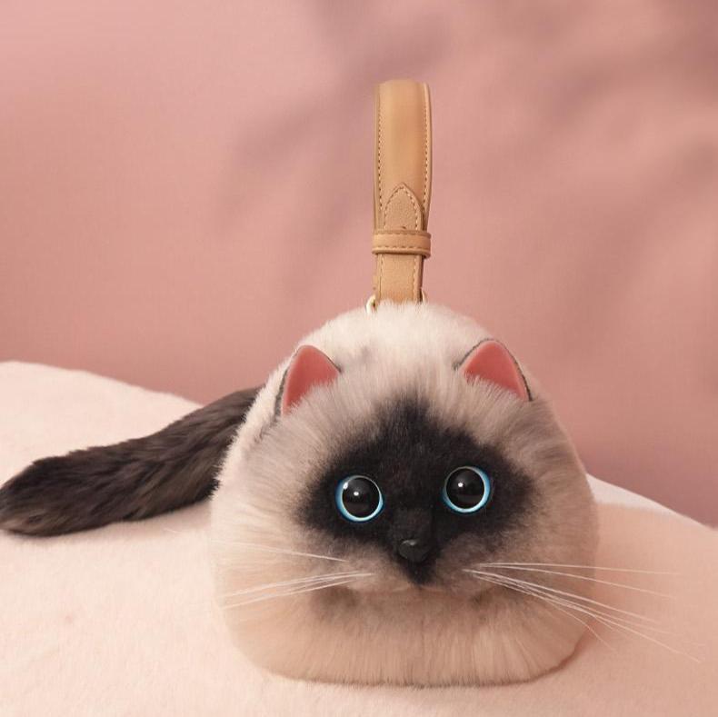 Realistic Puffy Plush Cat Shaped Crossbody Purse Handbag