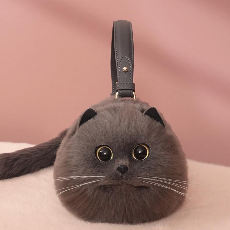 Realistic Puffy Plush Cat Shaped Crossbody Purse Handbag
