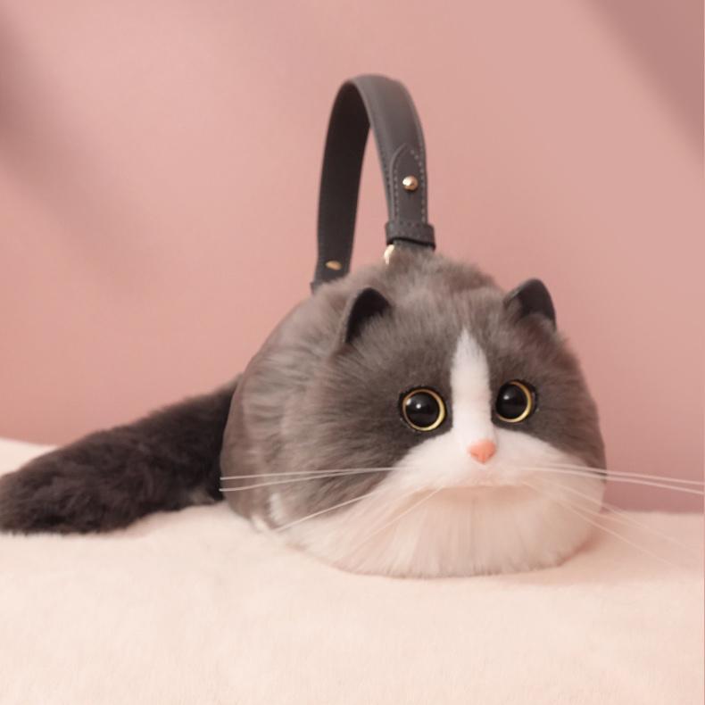 Realistic Puffy Plush Cat Shaped Crossbody Purse Handbag