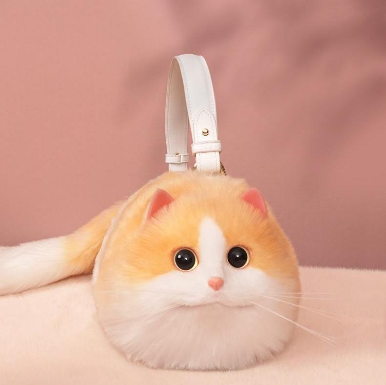 Realistic Puffy Plush Cat Shaped Crossbody Purse Handbag