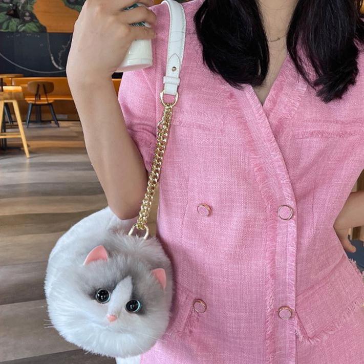 Realistic Puffy Plush Cat Shaped Crossbody Purse Handbag