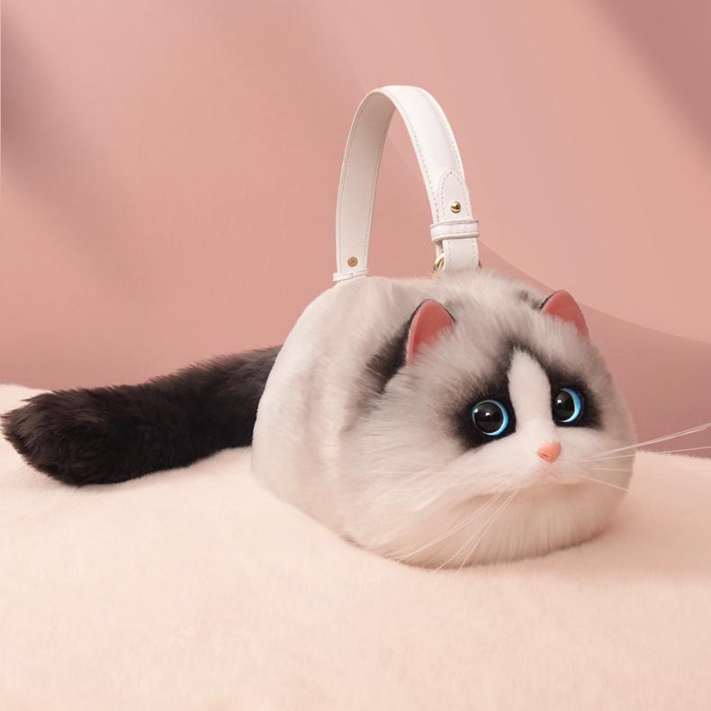 Realistic Puffy Plush Cat Shaped Crossbody Purse Handbag