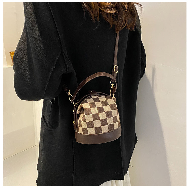 Checkered Round Crossbody Bucket Bag for Women Canvas Handbag with Top Handle