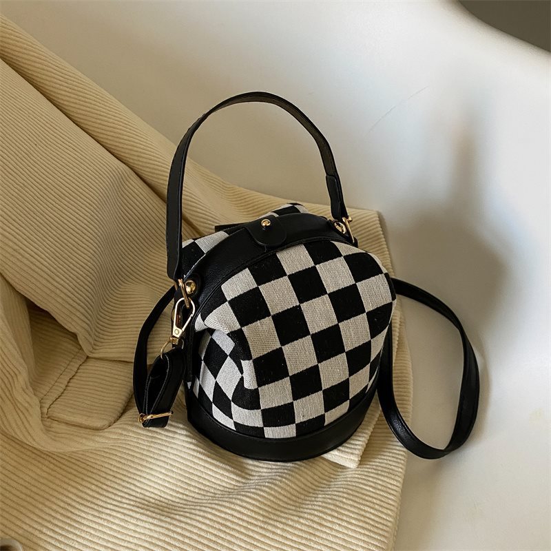 Checkered Round Crossbody Bucket Bag for Women Canvas Handbag with Top Handle