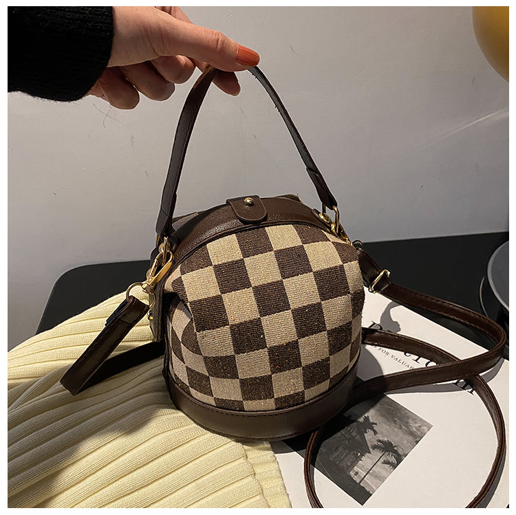 Checkered Round Crossbody Bucket Bag for Women Canvas Handbag with Top Handle