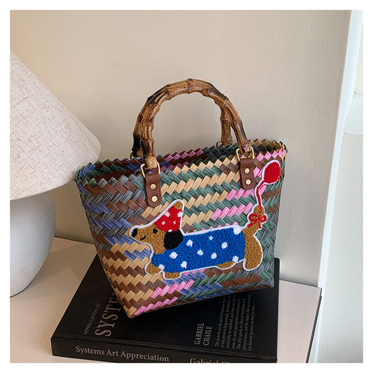 Striped Retro Woven Basket Rattan Handbag Tote Bag