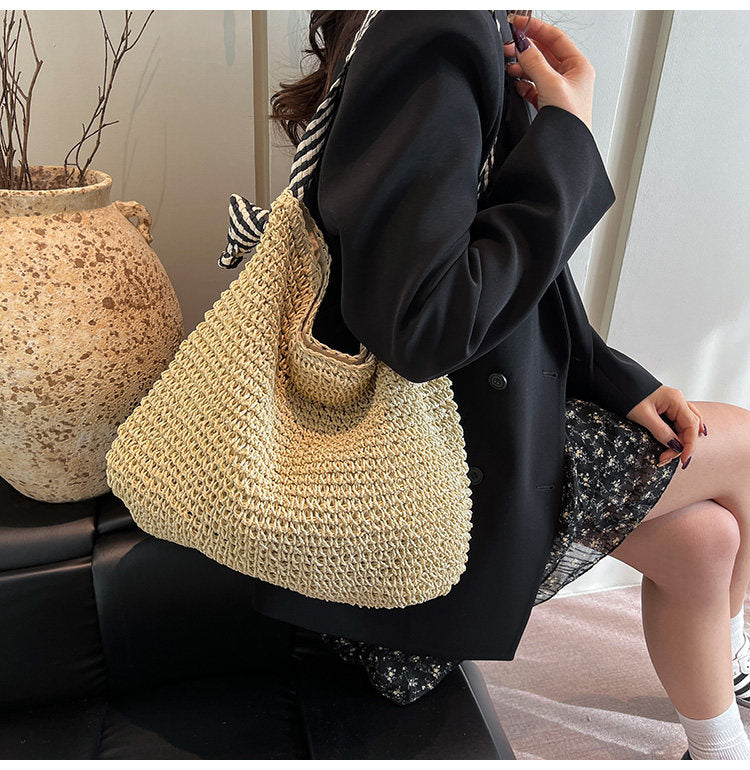 Bolso tejido de paja con borlas, bolso de hombro, bolso de mano informal para playa