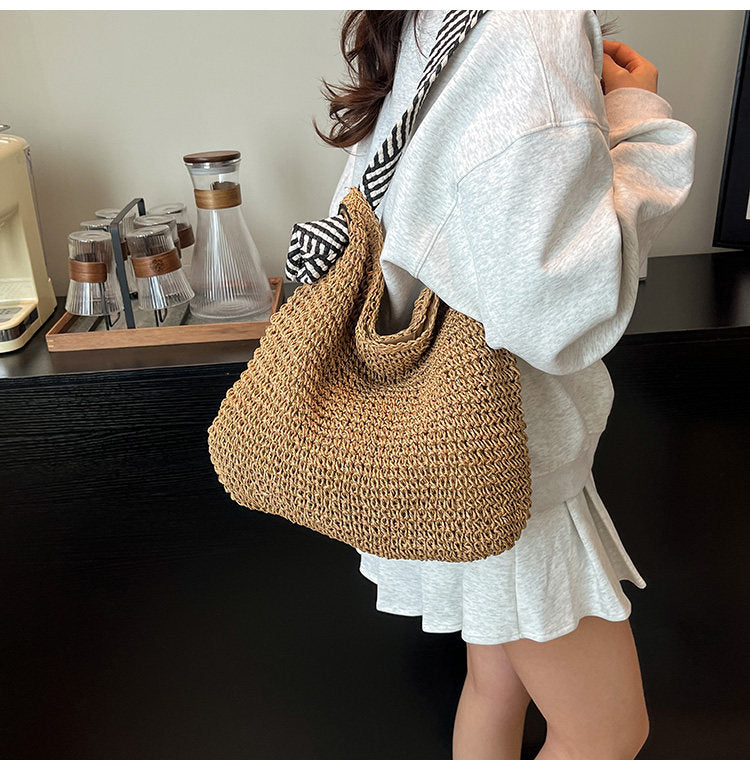 Bolso tejido de paja con borlas, bolso de hombro, bolso de mano informal para playa