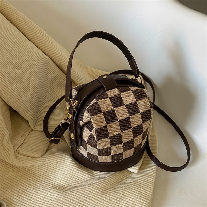 Checkered Round Crossbody Bucket Bag for Women Canvas Handbag with Top Handle