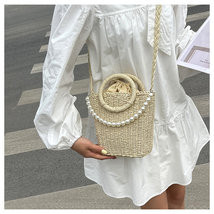 Straw Shoulder Bag Hand Woven Bucket Bag Handbag