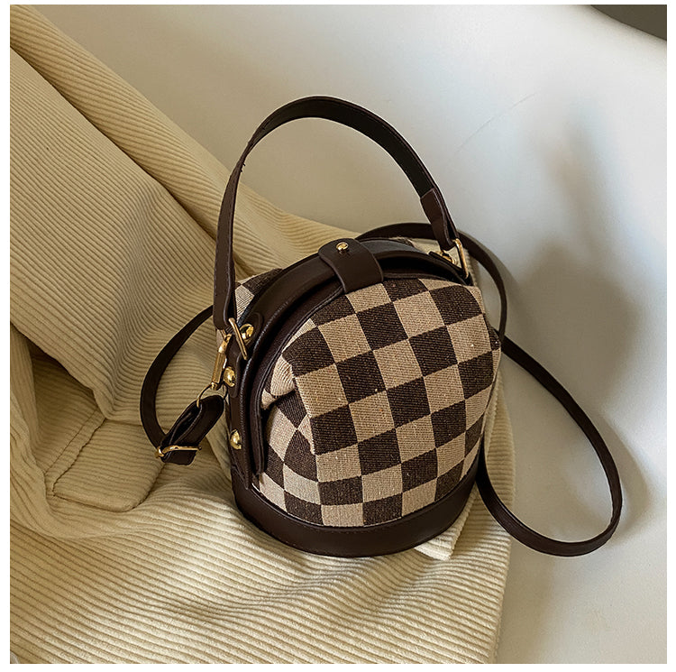 Checkered Round Crossbody Bucket Bag for Women Canvas Handbag with Top Handle