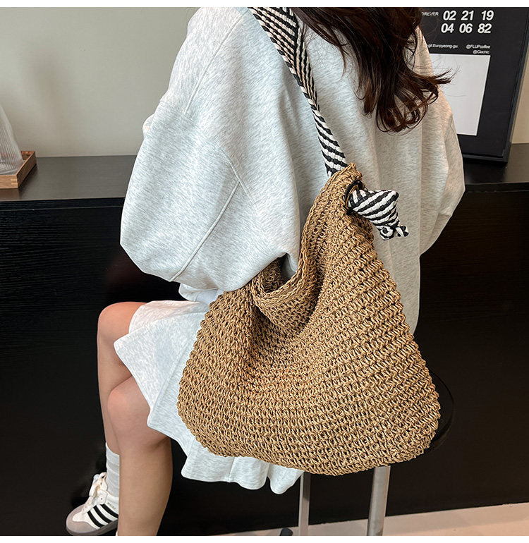 Bolso tejido de paja con borlas, bolso de hombro, bolso de mano informal para playa