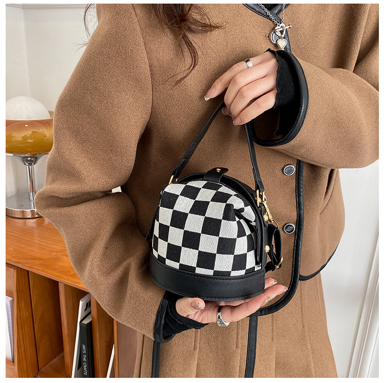 Checkered Round Crossbody Bucket Bag for Women Canvas Handbag with Top Handle