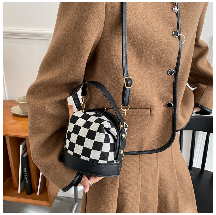 Checkered Round Crossbody Bucket Bag for Women Canvas Handbag with Top Handle