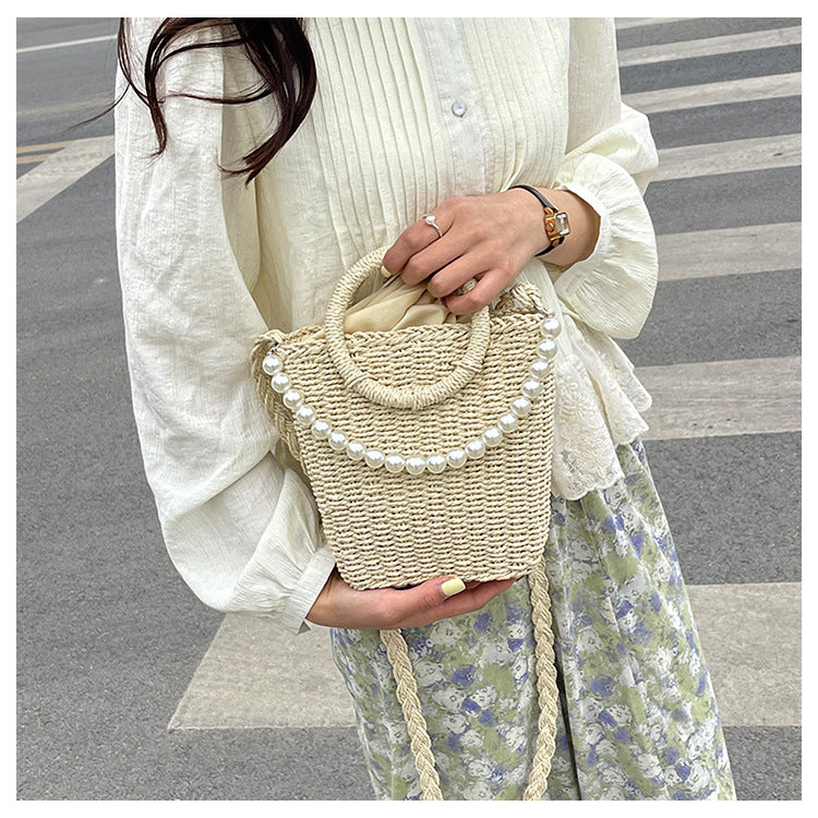 Straw Shoulder Bag Hand Woven Bucket Bag Handbag