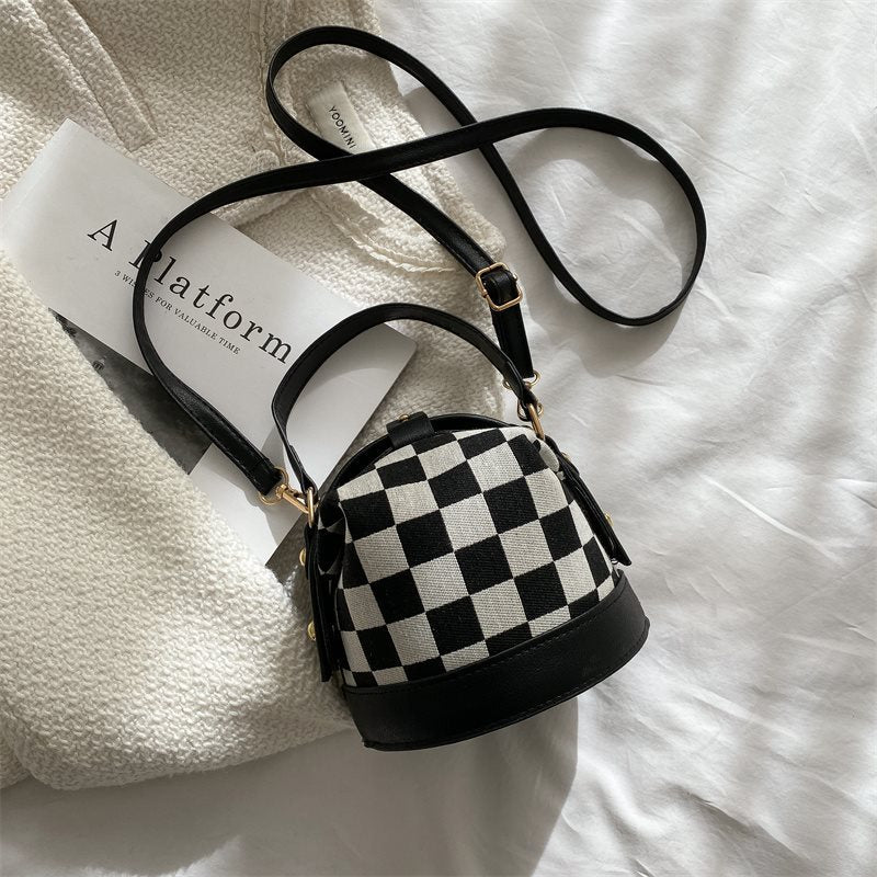 Checkered Round Crossbody Bucket Bag for Women Canvas Handbag with Top Handle