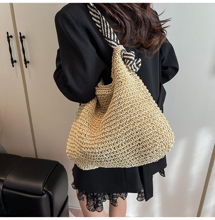 Bolso tejido de paja con borlas, bolso de hombro, bolso de mano informal para playa